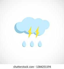 Modern vector illustration of the clouds, rain and lightning. Flat forecast icon of a rainy weather. Meteorological symbol of storm isolated on with background.	