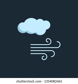 Modern vector illustration of the clouds and wind. Flat forecast icon of a rainy,  windy weather. Meteorological symbol   isolated on dark background.