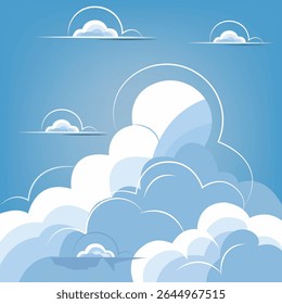 A modern vector illustration of a cloudscape with stylized clouds, dynamic lines, and varying shades of blue. Perfect for graphic designs.