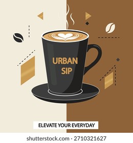 A modern vector illustration of a coffee cup with 'Urban Sip' text, latte art, coffee beans, and abstract shapes on a split background, suggesting an elevated everyday.