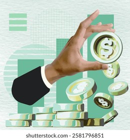 A modern vector illustration in a collage style, showcasing a hand dropping coins onto a stack, symbolizing financial growth and investment, ideal for business and finance concepts.