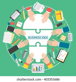 Modern vector illustration of collecting puzzle in the form of  idea light bulb, concept for business people teamwork and management.