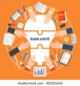 Modern Vector Illustration of Collecting Puzzle in The Form of  Idea Light Bulb. Vector Business Clipart on Orange Background. Concept For Business People Teamwork And Management. Vector EPS 10.