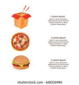Modern vector illustration of colorful cartoon fast food icons.