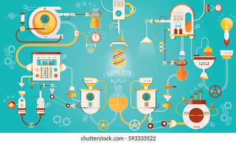 Modern vector illustration of Colorful  happy easter factory. Industry of eggs.