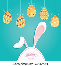 Modern vector illustration of Colorful Happy Easter with eggs and rabbits