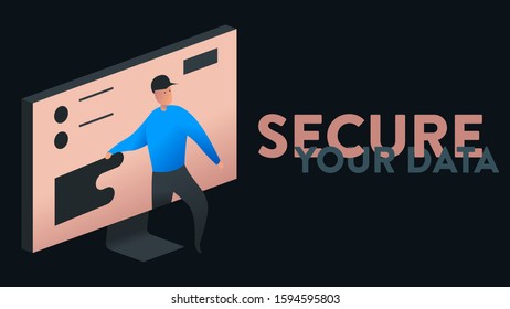 Modern vector illustration of a computer screen with data and a person trying to steel it. On the right side there is a replaceable text headline "Secure your data"