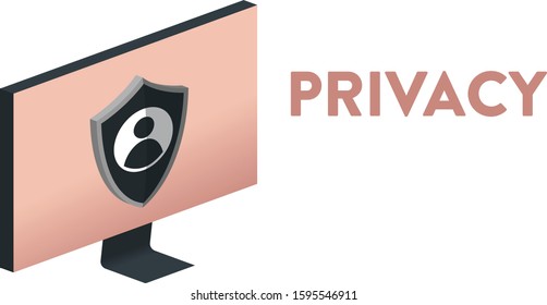 Modern vector illustration of a computer screen with a big icon in the form of a shield with an ID pictire on it. On the right side there is a headline "Privacy"