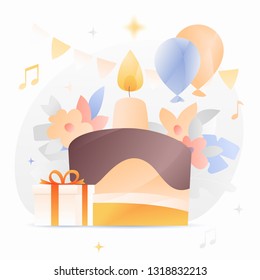 Modern vector illustration concept of birthday celebration with a cake, candle, flowers, balloons and gift box.