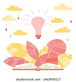 Modern vector illustration concept with book, leaves and lightbulb for education, consulting, college