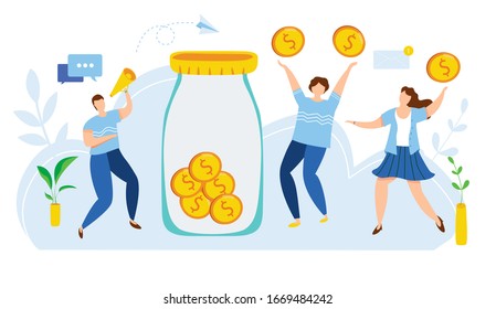 Modern vector illustration of Concept of charity and donation. Volunteers throw money symbol into a box for donations. 
Business investment. Tiny people sharing kindness and caring