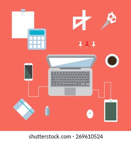 Modern vector illustration concept of creative office workspace, workplace. Top view of desk background with laptop, digital devices, office objects