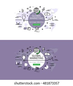 Modern vector illustration concept of global marketing. Line flat design hero banners for websites and apps