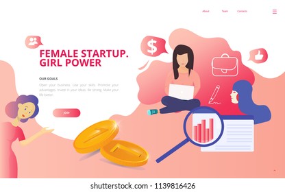 Modern vector illustration concept for landing page website or mobile site version: Female startup girl power concept. Women business coworking startup report presentation. Female business template