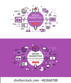 Modern vector illustration concept of media marketing. Line flat design hero banners for websites and apps