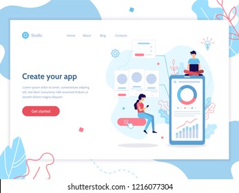 Modern vector illustration concept. Mobile app development. Web banner design template. Teamwork project. Flat vector illustration.