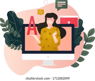 Modern Vector Illustration Concept Of Online Education, Training, And Courses, Learning, Video Tutorials. Online Teacher On A Computer Monitor. 