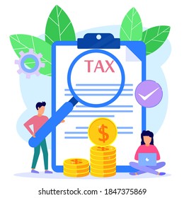 Modern vector illustration. The concept of online tax payments, people filling out tax forms, obedient entrepreneurs pay taxes. Business profit that reaches the target.