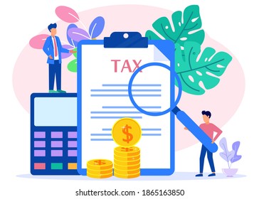 Ilustración vectorial moderna. El concepto de pago de impuestos en línea, personas que rellenan formularios de impuestos, empresarios obedientes pagan impuestos. Beneficio comercial que alcanza el objetivo.