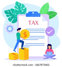 Modern vector illustration. The concept of online tax payments, people filling out tax forms, obedient entrepreneurs pay taxes. Business profit that reaches the target.