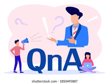 Modern vector illustration. The concept of question and answer around the big QNA symbol, seminars, presentations, education and more. Can be used for web banners, landing pages.