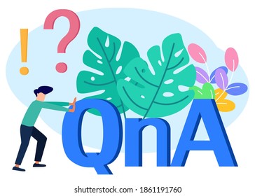 Ilustración vectorial moderna. El concepto de pregunta y respuesta en torno al gran símbolo QNA, seminarios, presentaciones, educación y más. Se puede usar para banners web, páginas de inicio.