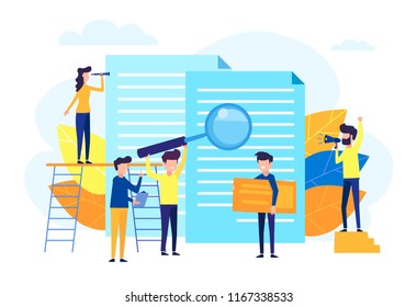 Modern vector illustration concept of small people characters with web business documents and the leader who manages them. flat design illustration in a cartoon style