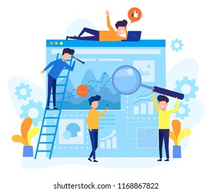 Modern vector illustration concept of small people characters creating a web business page with infographic information. flat design illustration in a cartoon style