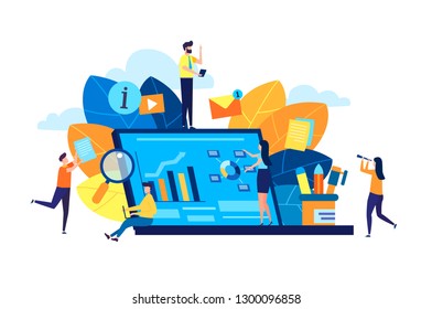 Modern vector illustration, concept of small people characters creating a web business page with infographic information on a laptop. illustration in a cartoon style