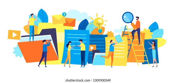 Modern vector illustration concept of small people characters with web business documents and the leader who manages them. flat design illustration in a cartoon style