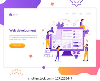 Modern vector illustration concept. The team of web developers constructs a personal user account or admin panel for the website. Website development. Flat vector banner.