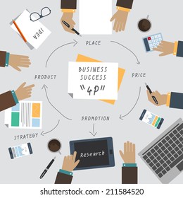 Modern vector illustration concept of teamwork analyzing project on business meeting brainstorming. Business success