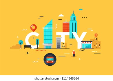 Modern vector illustration concept of word city. Thin line flat design banner for website and mobile application, easy to use and highly customizable.