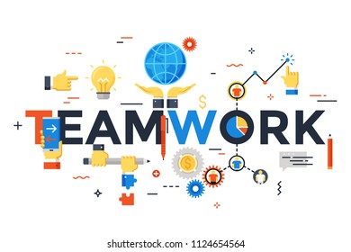 Modern vector illustration concept of word teamwork. Thin line flat design banner for website and mobile application, easy to use and highly customizable.