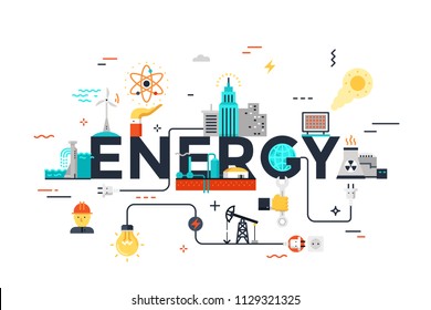 Modern vector illustration concept of word energy. Water supply, electric power generation, nuclear plant construction, oil extraction. Thin line flat design banner for website and mobile application.