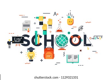 Modern vector illustration concept of word school, science, scientific studies, schooling system and higher education. Thin line flat design banner for website and mobile application.