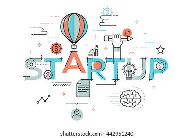 Modern vector illustration concept of word startup. Thin line flat design banner for website and mobile application, easy to use and highly customization.