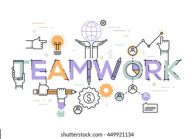 Modern vector illustration concept of word teamwork. Thin line flat design banner for website and mobile application, easy to use and highly customizable.