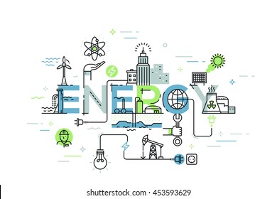 Modern Vector Illustration Concept Of Word Energy. Thin Line Flat Design Banner For Website And Mobile Application, Easy To Use And Highly Customizable.