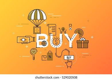 Modern vector illustration concept of word buy. Thin line flat design banner for website and mobile application, easy to use and highly customizable.