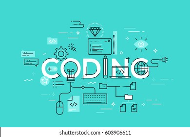 Modern Vector Illustration Concept Of Word Coding. Thin Line Flat Design Banner For Website And Mobile Application, Easy To Use And Highly Customizable.