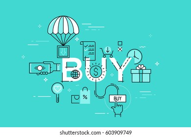 Modern vector illustration concept of word buy. Thin line flat design banner for website and mobile application, easy to use and highly customizable.