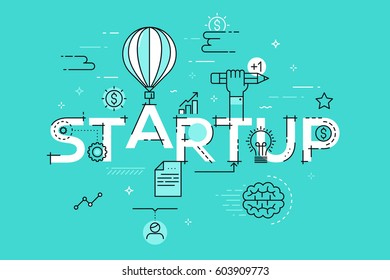 Modern vector illustration concept of word startup. Thin line flat design banner for website and mobile application, easy to use and highly customizable.