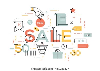 Modern vector illustration concepts of word sale. Thin line flat design banners for website and mobile website, easy to use and highly customizable.