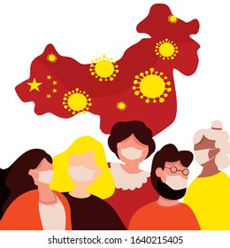 Modern vector illustration of coronavirus quarantine. Wuhan virus disease. 2019-nCoV novel coronavirus in China. International people with medical face mask.