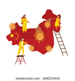 Modern vector illustration of coronavirus quarantine. Wuhan virus disease. 2019-nCoV novel coronavirus in China. Disinfection of the infected area.