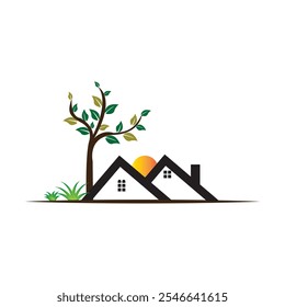 Modern vector illustration of a cozy house with a tree and a warm sunset in the background. Perfect for real estate, home decor, eco-friendly themes, and nature-inspired projects