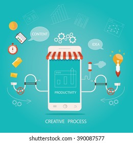 modern vector illustration of Modern vector illustration of creating, marketing and sharing of digital content, creating and optimization factory, productivity industry, manufacturing an idea