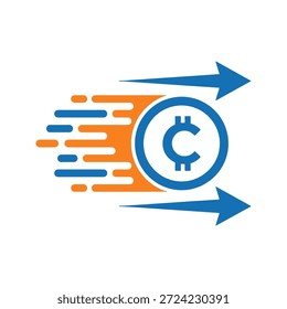 moderne Vektorgrafik der Kryptotransaktionsgeschwindigkeit mit einer digitalen Münze mit Bewegungslinien und schnellen blauen Pfeilen für schnelle Blockchain-Transfers und effizienten elektronischen Geldwechsel