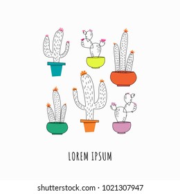Modern vector illustration with cute cactus set isolated on white background. 